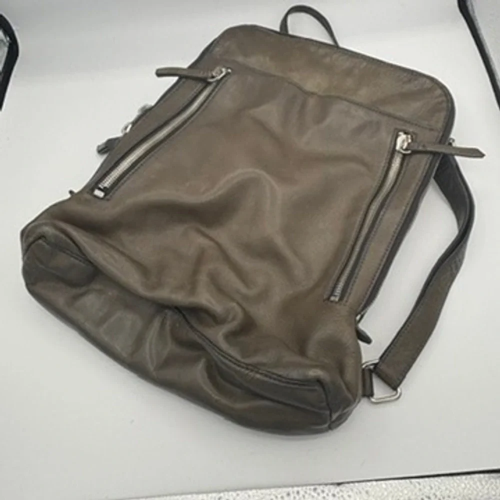 Margot Backpack Olive Green Leather School Zip Pocket Travel Fits 13